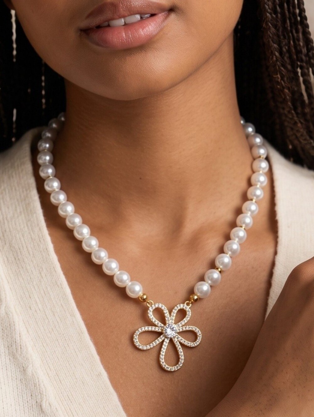 Faux Pearl Bead Necklace with Goldtone Flower Pendant Stainless Steel
